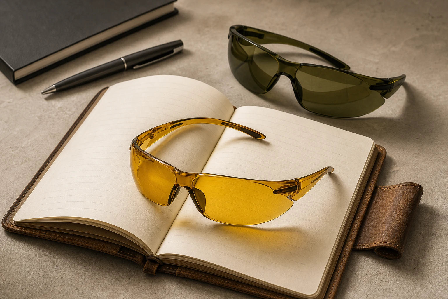 Burakorn Vision amber and olive low-light eyewear arranged with field notes on a warm stone surface