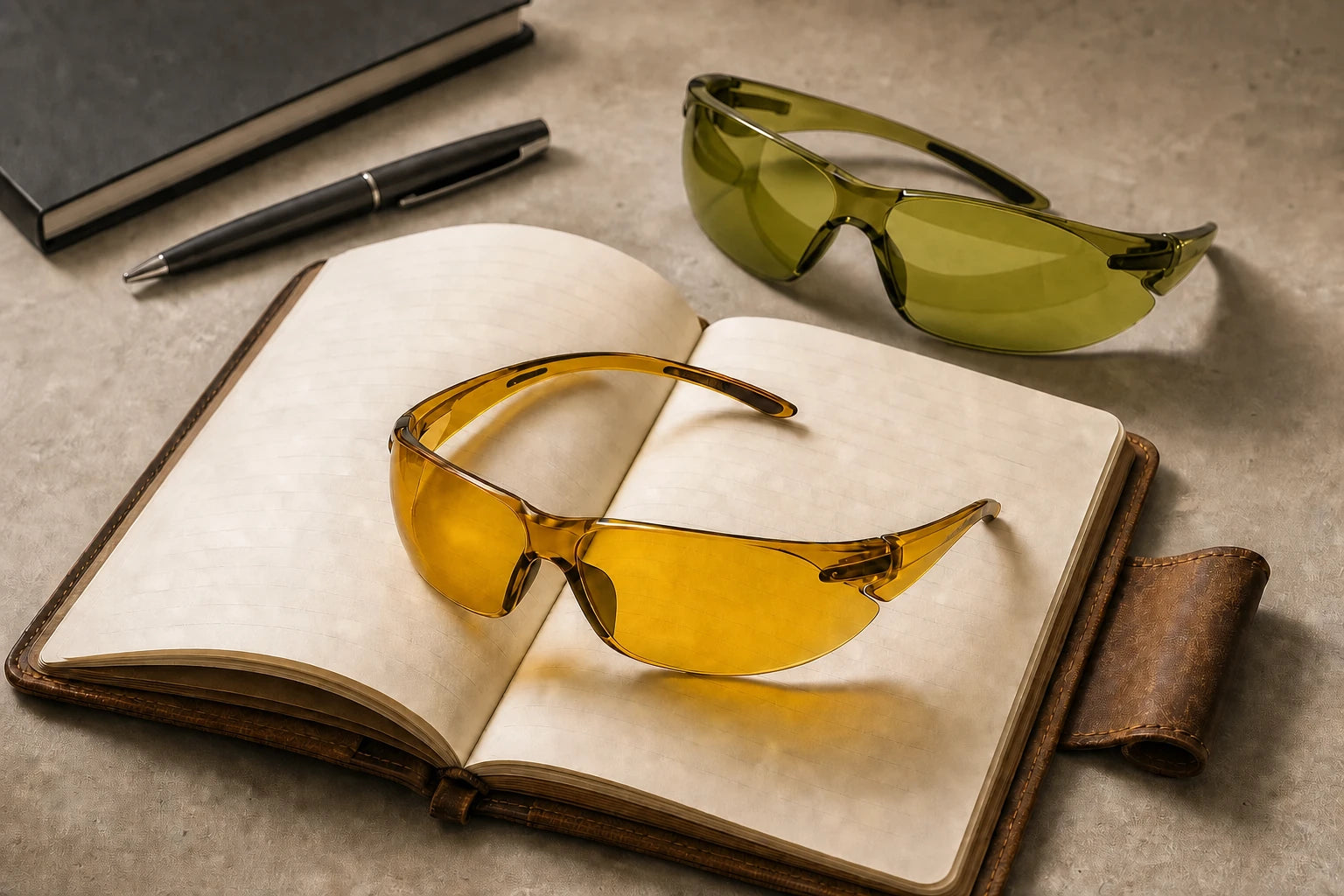 Burakorn Vision amber and olive low-light eyewear arranged with field notes on a warm stone surface